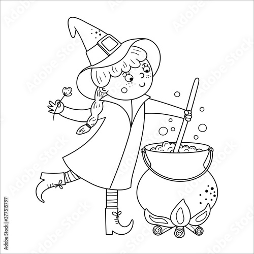 Cute vector witch. Halloween black and white character icon. Funny autumn all saints eve illustration with girl preparing green potion in cauldron. Samhain party coloring page for kids. .