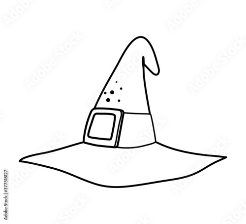 Cute vector black and white wizard hat. Halloween accessory icon. Funny autumn all saints eve coloring page with tall witch hat. Samhain dress party costume element for kids. .