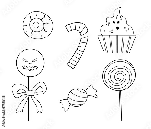 Set of vector black and white sweets for trick or treat game. Traditional Halloween party food. Scary lollypops, caramel, candy sticks collection. Ghost, skull shaped desserts pack. .