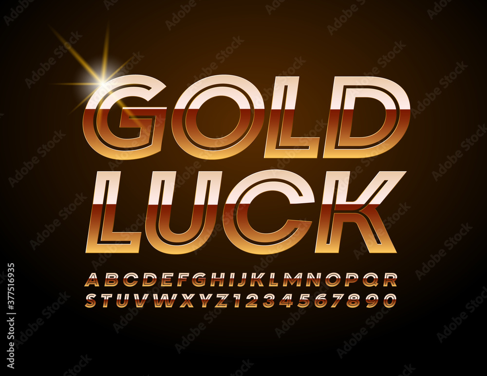 Vector elegant sign Gold Luck. Shiny decorative Font. Luxury chic Alphabet Letters and Numbers set
