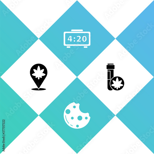 Set Location and marijuana, Cookies with, Digital alarm clock and Chemical test tube icon. Vector.
