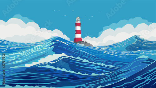 Lighthouse on a stone bank in a harsh ocean. Wavy and beautiful sea. The Pacific Ocean is raging. Large and strong blue waves. Raging Ocean Waves in the Blue Sea. Illustration, EPS 10