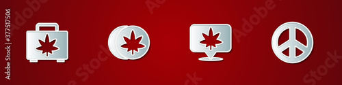 Set Shopping box of marijuana, Herbal ecstasy tablets, Location and cannabis and Peace icon. Vector.