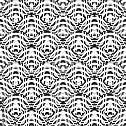 Fish scale wallpaper. Asian traditional ornament with repeated scallops. Repeated black curves on white background. Seamless surface pattern design with semicircles. Grid motif. Digital paper. Vector.