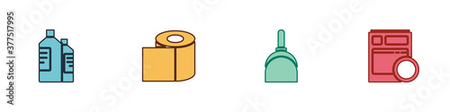 Set Bottles for cleaning agent, Toilet paper roll, Dustpan and Kitchen dishwasher machine icon. Vector.