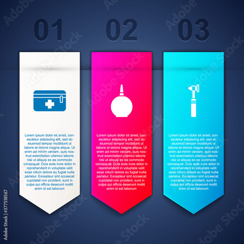 Set First aid kit, Enema and Medical otoscope tool. Business infographic template. Vector.