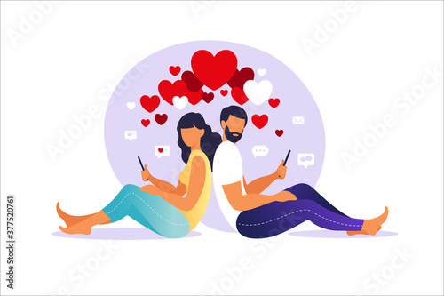Virtual relationships. Online dating. Man and woman in love. Couple sitting back to back with smartphones. Vector illustration, flat style.