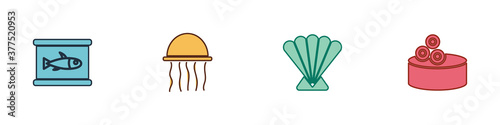 Set Canned fish, Jellyfish, Scallop sea shell and Tin can with caviar icon. Vector.