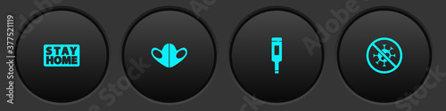 Set Stay home, Medical protective mask, thermometer and Stop virus icon. Vector.