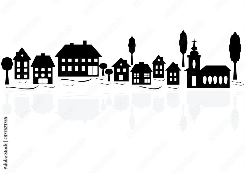 Black township silhouettes with gray reflection, row of houses and trees. Vector format.