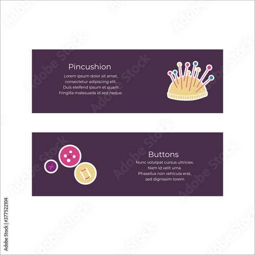 Vector illustration of sewing tools for atelier. Illustration with buttons and pincushion on purple backgroundwith text space. Illustration for courses of cutting and sewing.