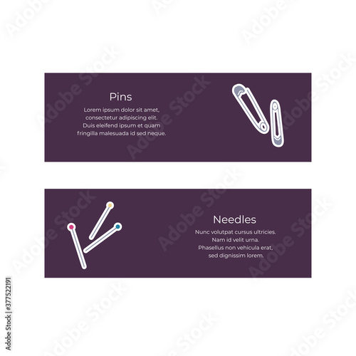 Vector illustration of sewing tools for atelier. Illustration with pins and needles on purple background with text space. Illustration for courses of cutting and sewing.