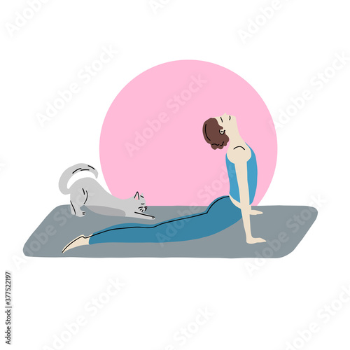 Calm young woman practicing yoga pose upward dog with a cat couch, vector handdrawn illustration.