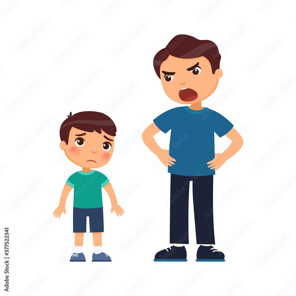 The father angrily scolds the little sad son. Abusive parenting concept. Cartoon character isolated on white background. Flat vector color illustration.