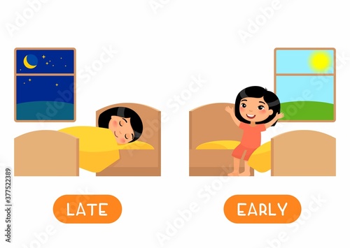 LATE and EARLY antonyms flashcard flat vector template. Opposites concept. Word card for english language learning with cartoon character. Asain girl waking up and sleeping illustration 