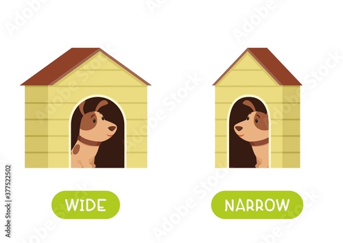 Antonyms concept, WIDE and NARROW. Educational flash card with doghouses of different thicknesses template. A puppy in a narrow and wide booth. Word card for english language learning with opposites.