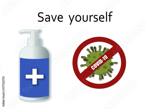Vector illustration of Corona virus with red stop sign and Antibacterial spray on white background. Pandemic and corona virus outbreaks. Antibacterial spray to fight against Many Virus attack.