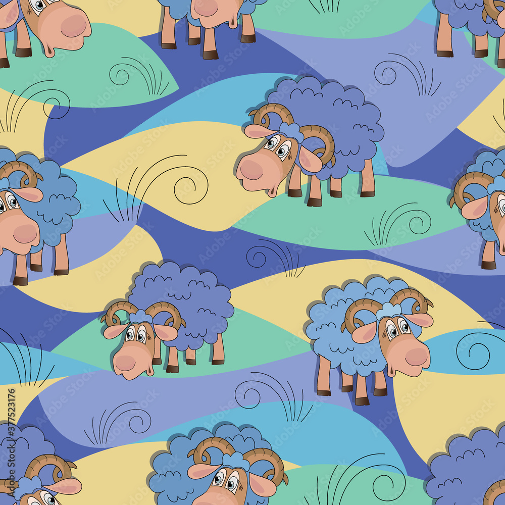 Fototapeta premium Cartoon rams graze. Vector childrens background. Cartoon ram graze in the meadow. Flat style. 