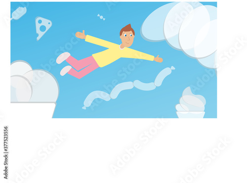 A man flying with his arms outstretched among the edible clouds. Cartoon style. Clouds in the form of products.