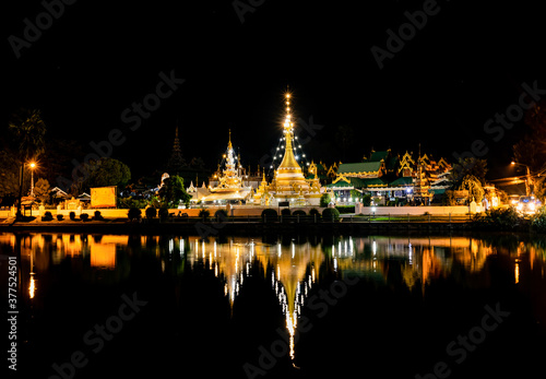 September 4, 2020 Night light reflection of Wat Chong Kham located in Muang District, Mae Hong Son Province, Thailand