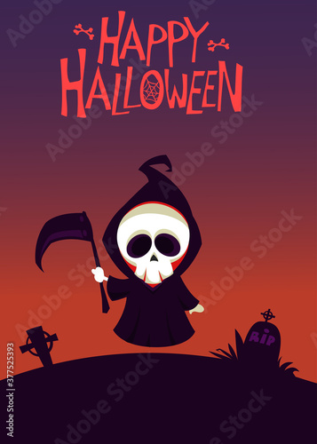 Cartoon grim reaper. Death skeleton illustration.  Halloween layout design