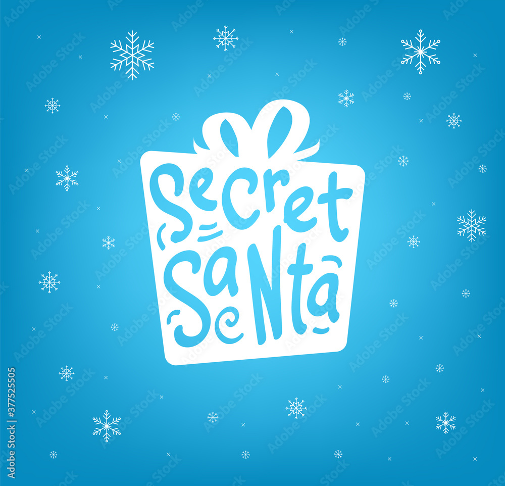 Secret Santa gift design with snowflakes on blue background. - Vector illustration