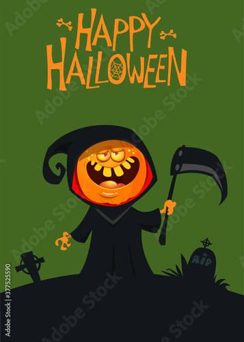 Grim reaper jack-o-lantern cartoon design. Vector illustration of a scarecrow holding scythe