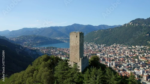 Aerial view of Baradello castle overlooking the city of Como, northern Italy. photo