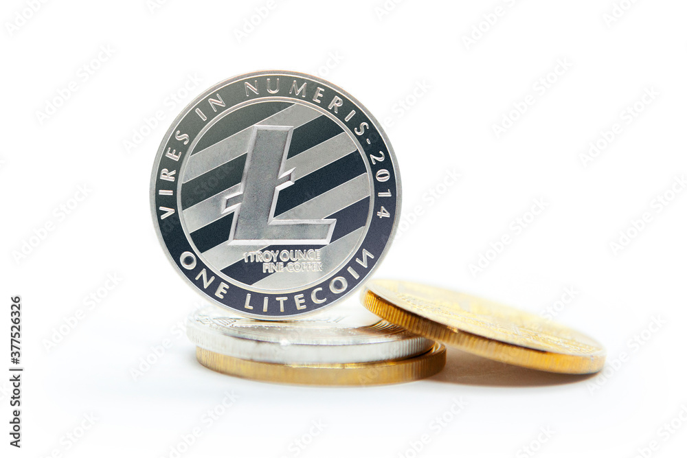Lite coin back side cryptocurrency standing on stacked coins. Isolated on white white background. 