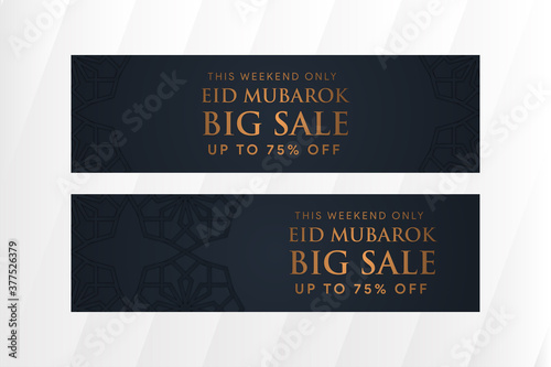 Set of Eid mubarok big sale event horizontal banner design template use black background with gold gradient on text. Islamic pattern. 