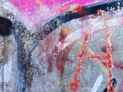 Abstract, damage to walls with many colors. Style of landscape. Rough concrete surface with cracks, scratches and paint stains. Great background or texture.