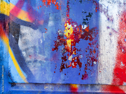 Abstract, damage to walls with many colors. Style of landscape. Rough concrete surface with cracks, scratches and paint stains. Great background or texture.