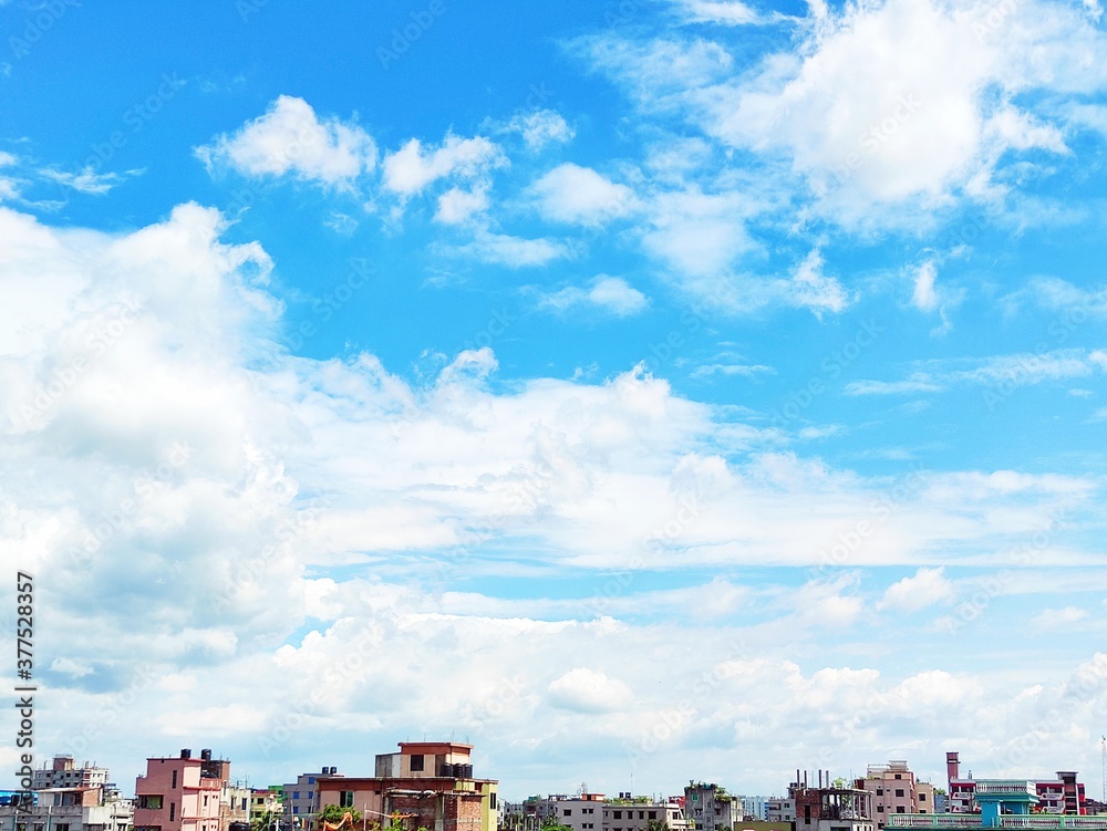 Blue sky background, vast blue sky landscape panoramic scene. Colorful blue sky view in bright tones.Colorful blue sky view in bright tones. Sky landscape, blue sky background, Sky, building 