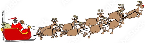 Santa in his sleigh being pulled by nine reindeer all wearing face masks