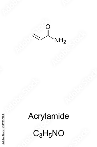 Acrylamide, acrylic amide, chemical structure. Highly toxic, and carcinogenic. Can be found in cigarette smoke in potato chips, French fries, coffee, peanuts and in some breads. Illustration. Vector.