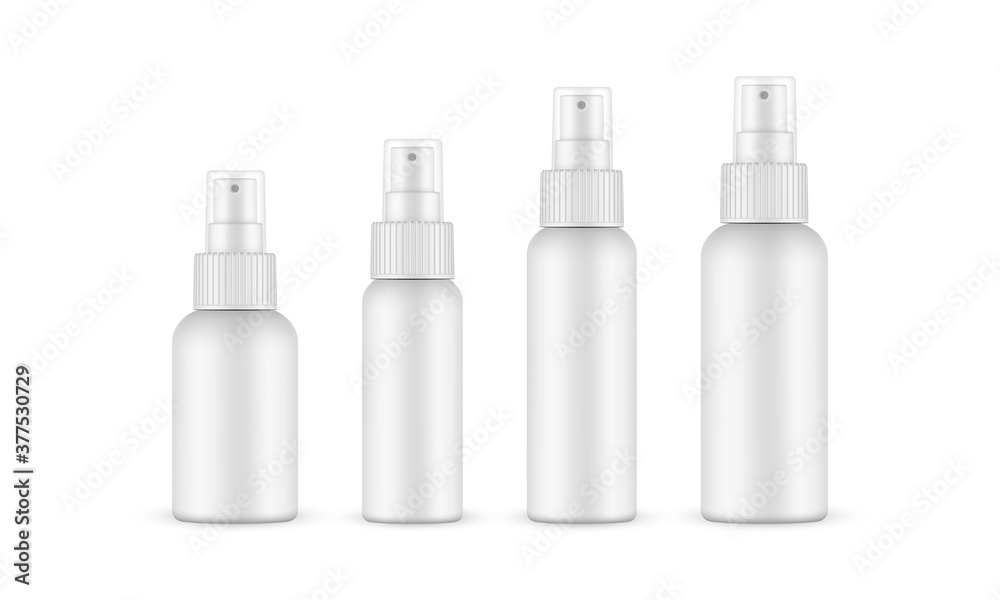 Set of spray bottles mockups with transparent cap, isolated on white background. Vector illustration - obrazy, fototapety, plakaty 
