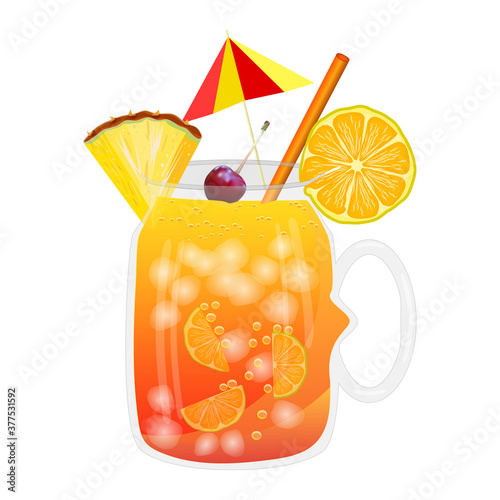 Rum punch cocktail isolated on white background. Tropical cocktail in glass cup with umbrella, ice and fruit. Planters punch alcohol cocktail. Party drink, menu, poster icon. Stock vector illustration