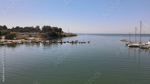 Drone shot over a marina in Thessaloniki, Greece during summer