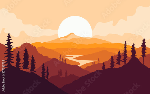 Autumn mountains landscape with tree silhouettes and river at sunset. Vector illustration