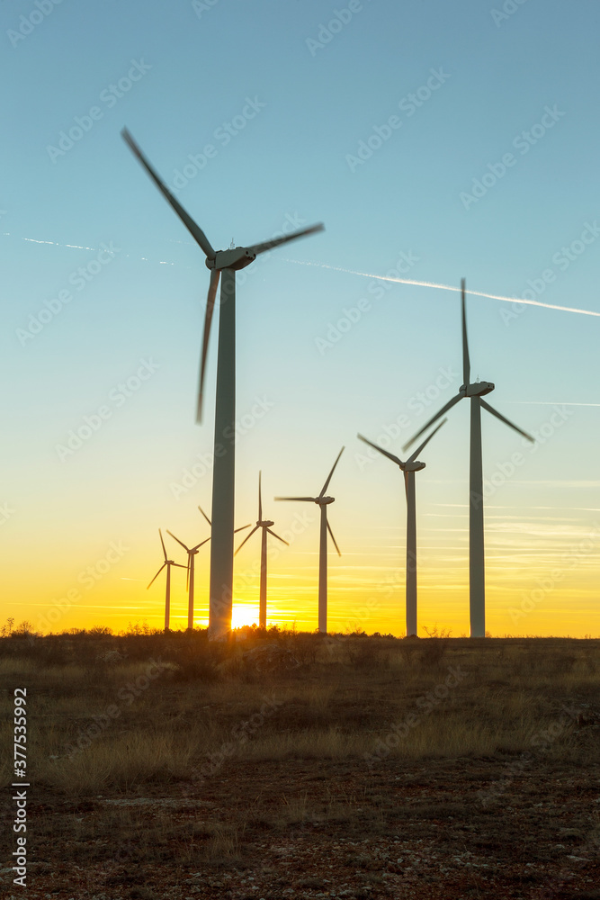 Wind Turbines at Dusk. Landscape sunset with windmills. Renewal source of electricity. Wind turbines field new technology for clean energy on mountain, sunset view with colorful twilight on sky