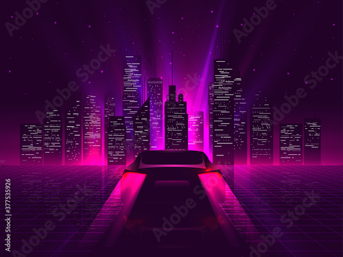 Back side sport car silhouette with neon glowing red rear lights riding on high speed at night with cityscape on background. Outrun or vaporwave retro futuristic aesthetic vector illustration.