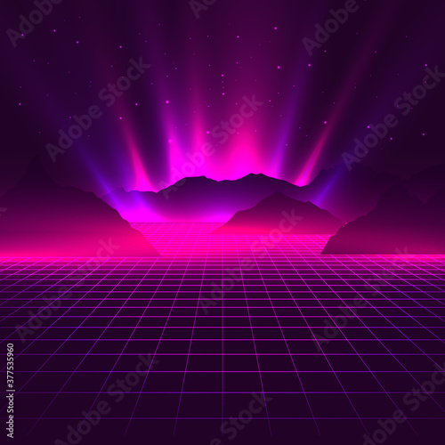 Vaporwave aesthetic neon glowing laser grid with mountains silhouettes with starry night sky. Futuristic abstract vector illustration.