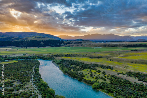 Aerial view over Clutha River   Mata-Au at dusk  South Island  New Zealand