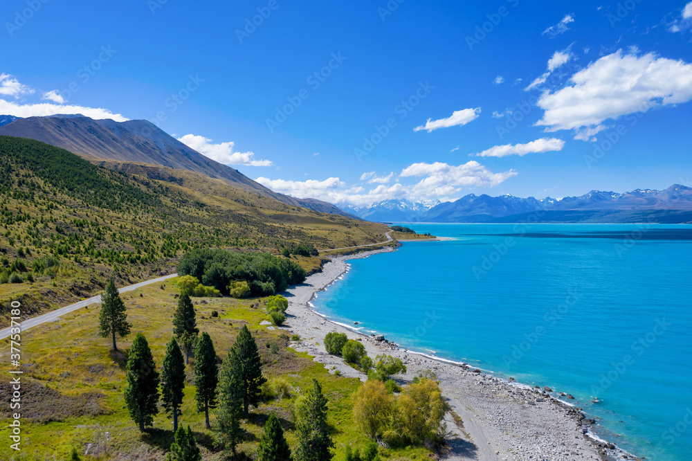 Aerial view over glacial Lake Pukaki, South Island, New Zealand
