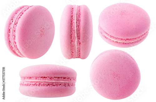 Isolated pink macarons collection. Strawberry or raspberry macaroon at different angles isolated on white background photo