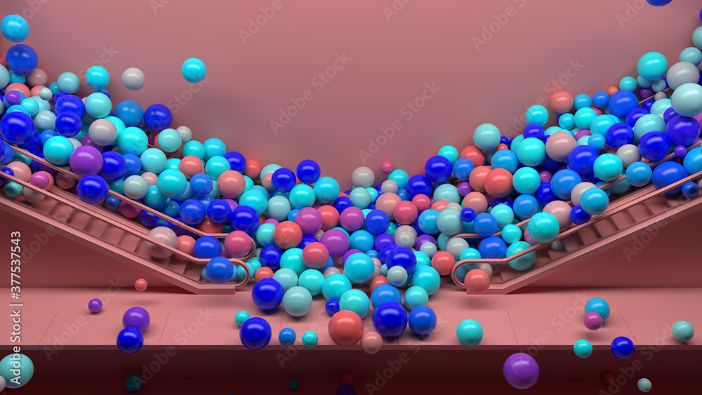3d render colorful background with a lot of shiny spheres fall down ...