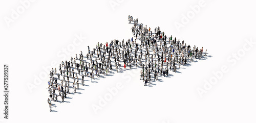 Large group of people making a rising arrow shape.