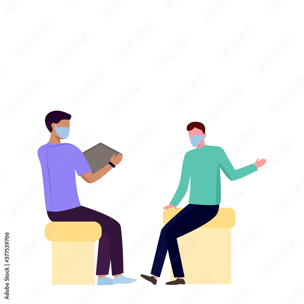 
consultation of a male psychologist in a mask on a white background. going to a psychiatrist during depression. Cartoon flat vector. Medical psychological assistance during quarantine and pandemic