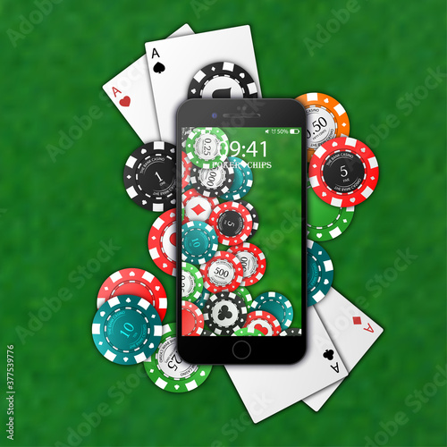 Gambling on mobile phone, chips, playing cards. Online Casino. Vector illustration. Isolated on green background.