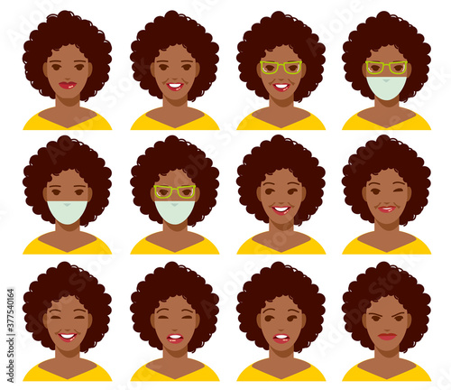 Set of facial expressions of an Afro woman, Afro-american, African, American, black woman with different emotions and accessories, vector illustration.